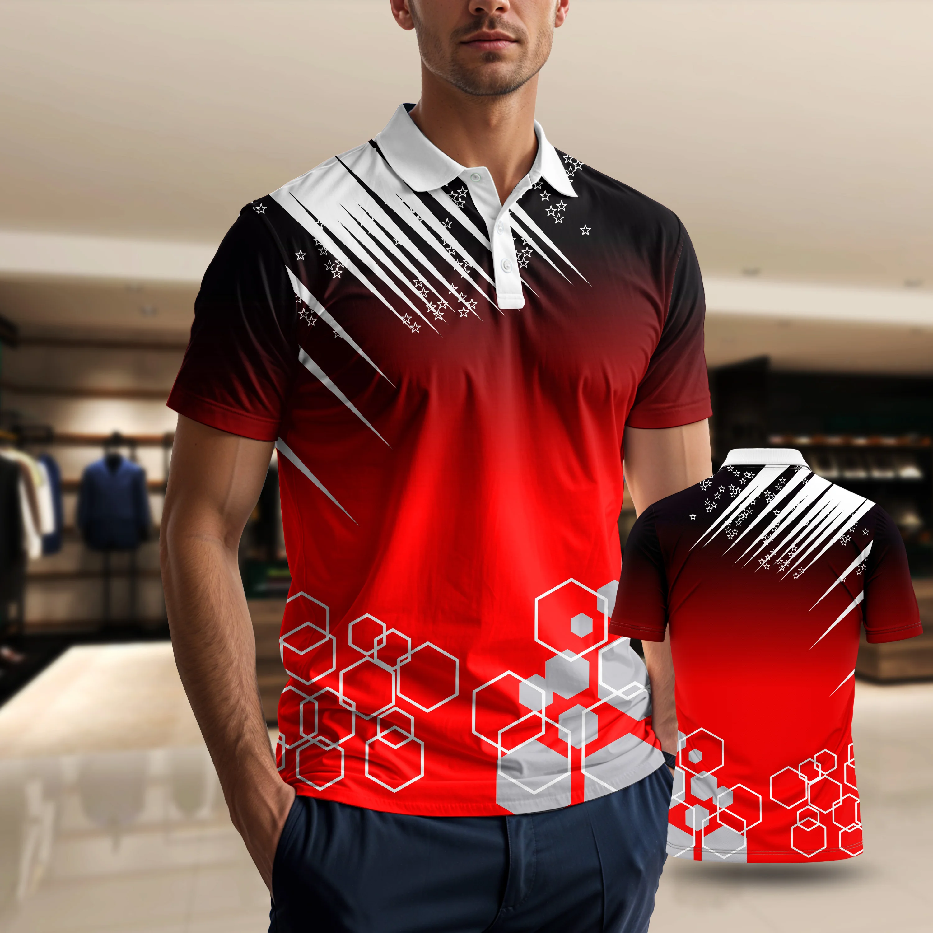 Gradient Stripes Patterns Retro Men's Polo Shirts Outdoor Sports Casual Polo T-Shirts Button Short Sleeve Street Men Clothing
