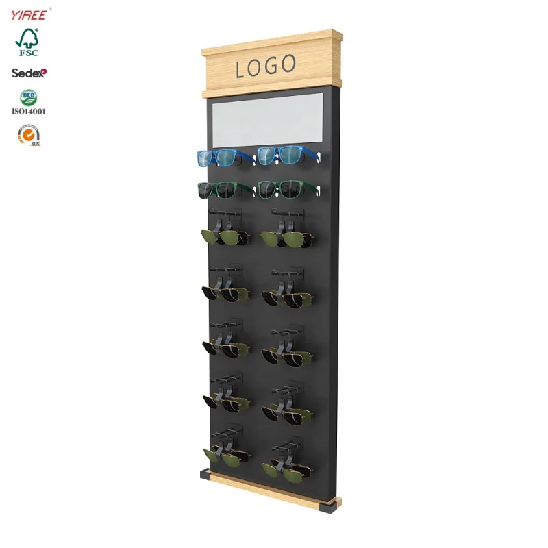 Custom. top sunglasses factory shop wood optical lens mount sunglass stand wall mounted eyeglass display rack