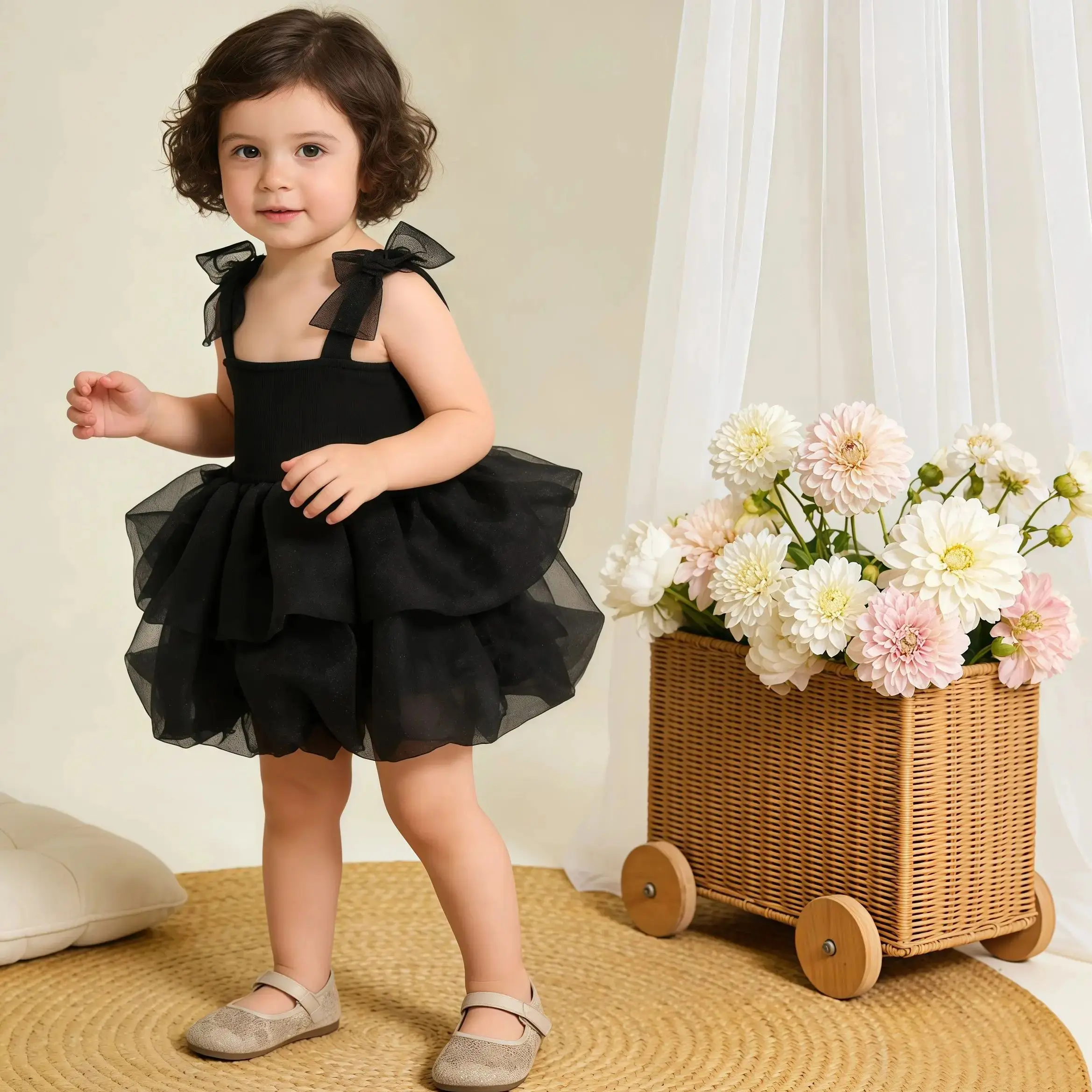 Summer Baby Tulle Pageant Wedding Party Girls Big Bow Sleeve Dress For Children 1 Year Birthday Baptism Formal Evening Vestidos