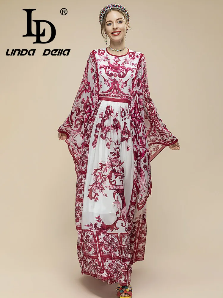 

LD LINDA DELLA Fall Designer Show Elegant Crewneck Dress Red and white Porcelain Print Bohemian loose Maxi Dress