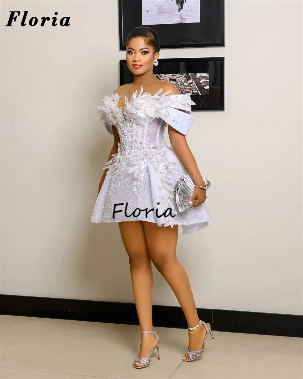 Aso Ebi Weiße kurze Cocktailkleider, elegant, schulterfrei, mit Perlen verziert, A-Linie, Damen-Abschlussball-Abendkleid, individuelle afrikanische Partykleider