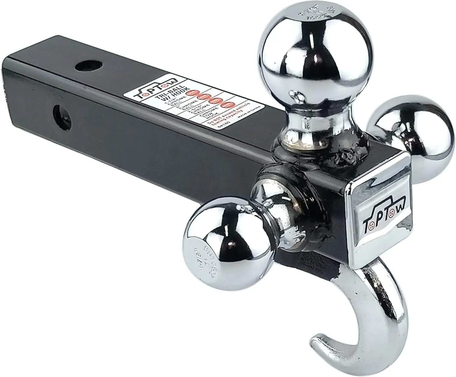 

64180 Trailer Receiver Hitch Triple Ball Mount with Hook, Chrome Balls, Fits for 2 inch Receiver, Hollow Shank