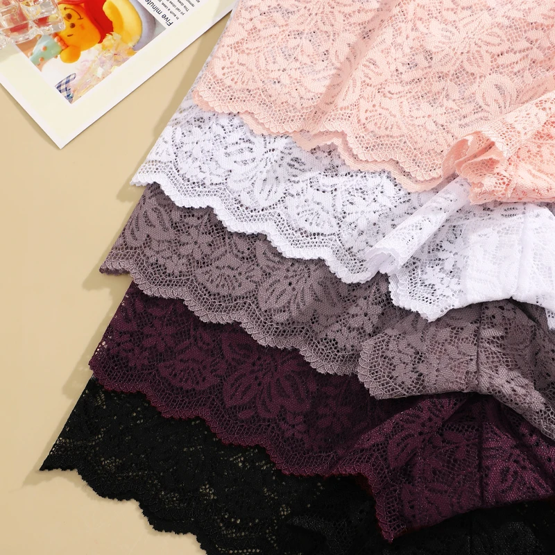 FINETOO 3Pcs Lace Floral Underwear Women\'s Hollow Out Boyshort Panties Sexy Low Waist Breathable Briefs Girls Soft Lingerie S-XL