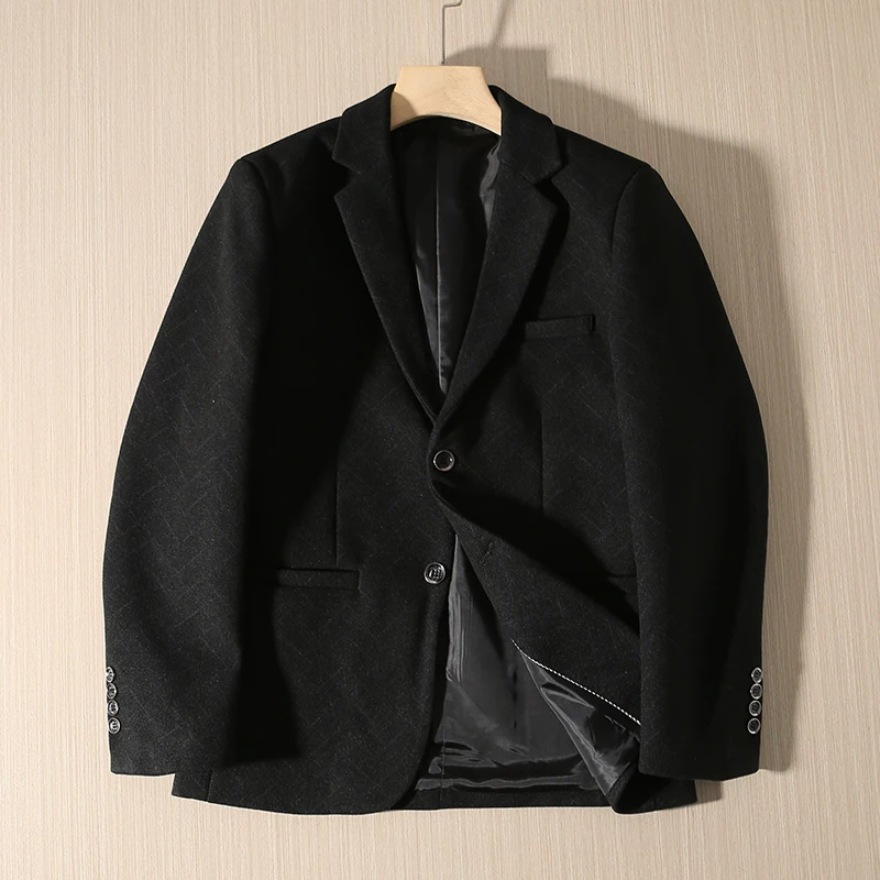 

Thiened Woolen Suit Jaet for Men Busin Casual Sle Autumn Winter Outerwear Stand Fit Long Sve Flat Collar