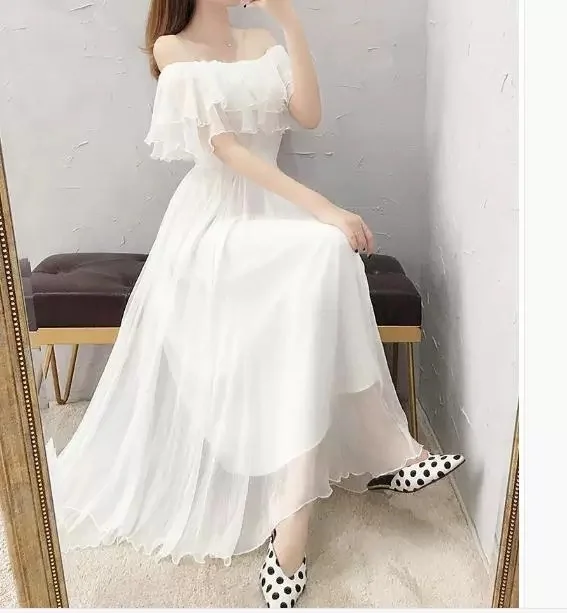 Verão branco chiffon longo dr feminino sle duas camadas princ vestido emagrecimento cintura alta plissado saia linha a