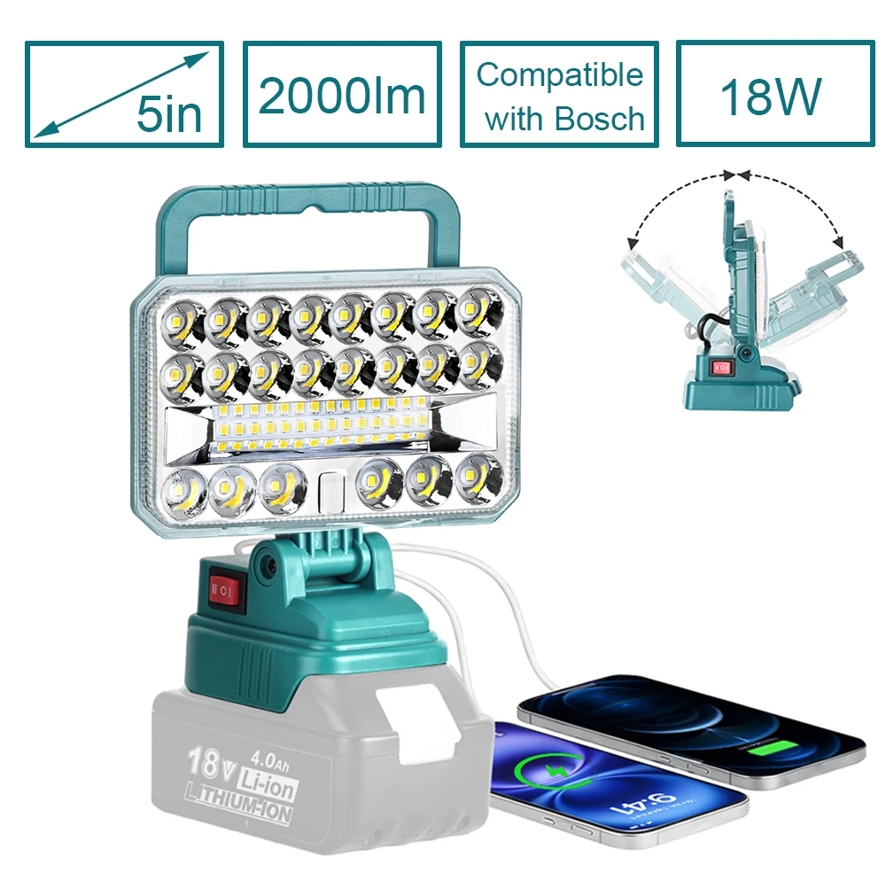 

Светодиодный рабочий фонарь 2000 лм, совместимый с аккумулятором Bosch 20В, портативный прожектор и фонарь для кемпинга, стройплощадки, экстренных ситуаций
