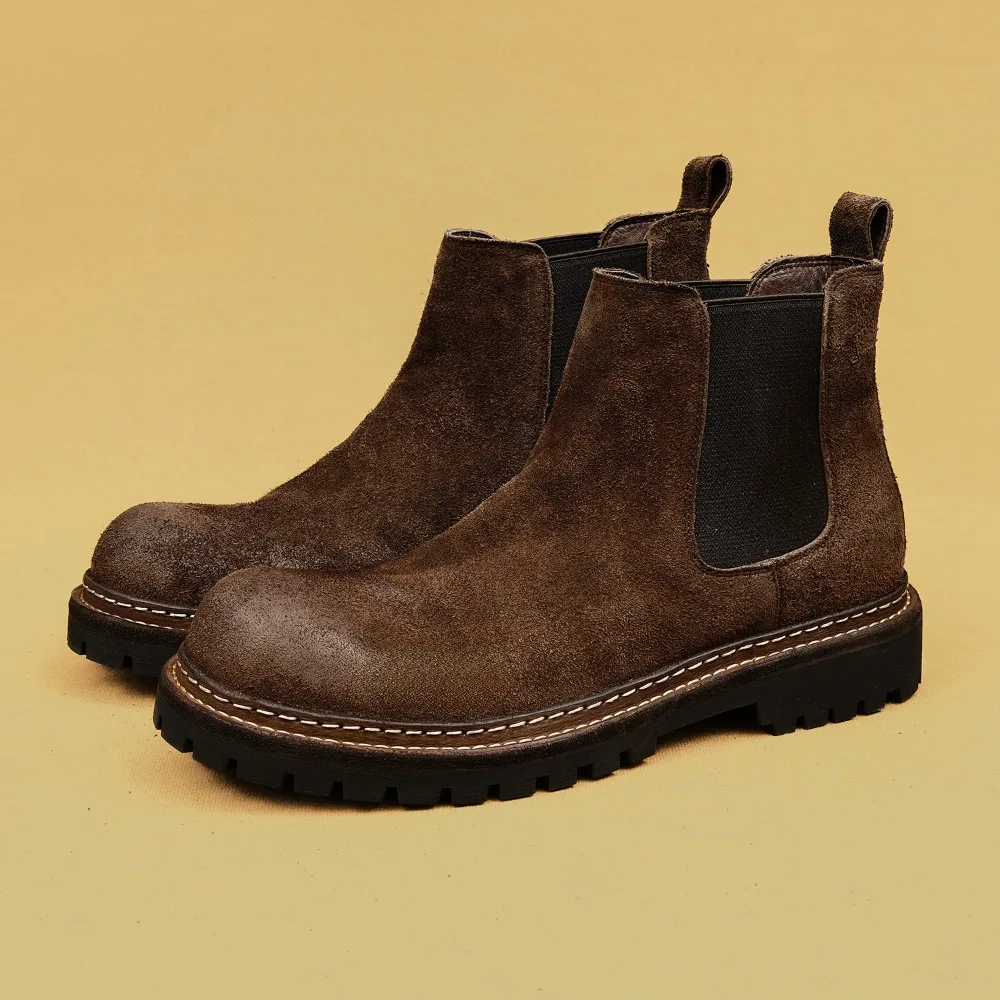 Men's Business Casual Shoes Round Toe Thick Soled Slip On Ankle Boot Short Boots Booties Footwear