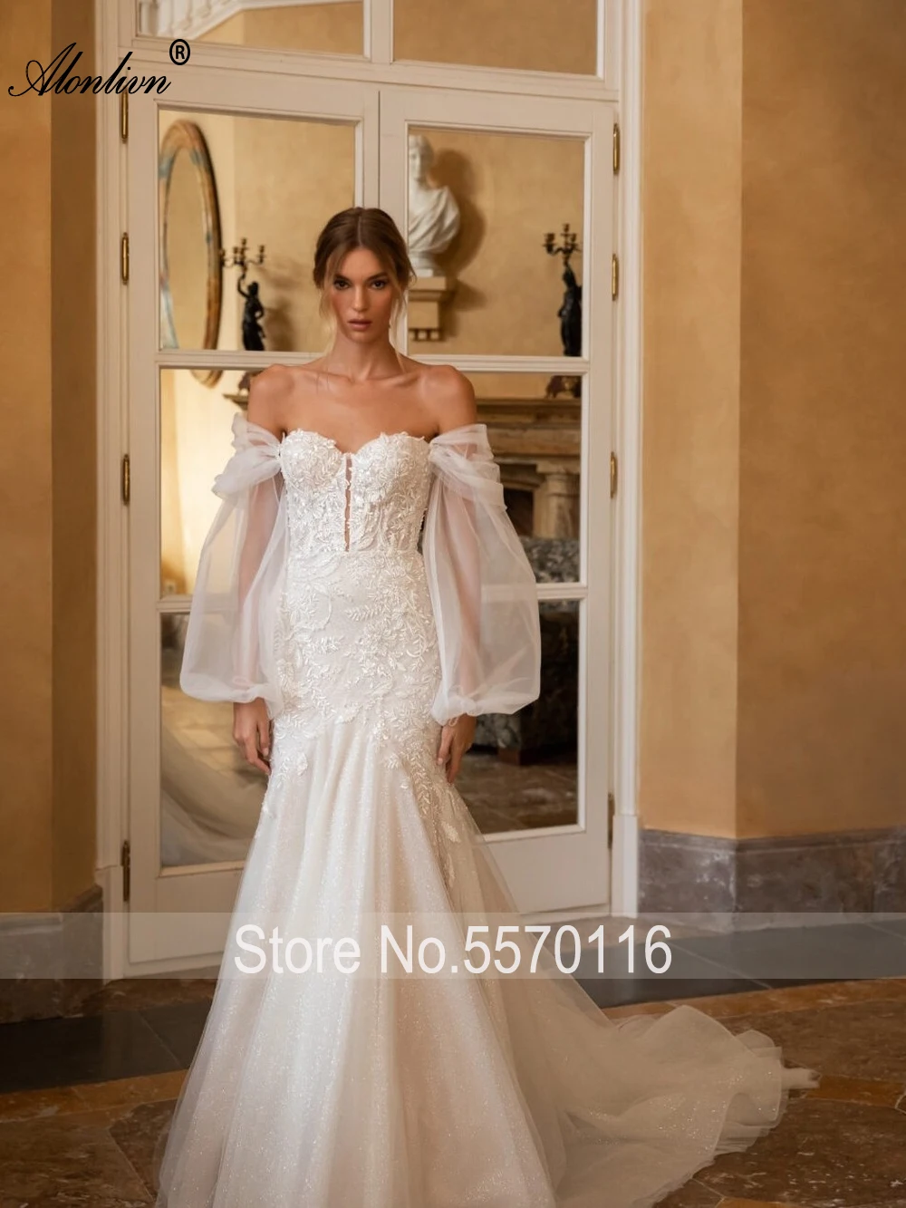 Alonlivn Modern Tulle Sweetheart Mermaid Wedding Dress With Removable Sleeves Shiny Beading Lace Trumpet Bridal Gowns