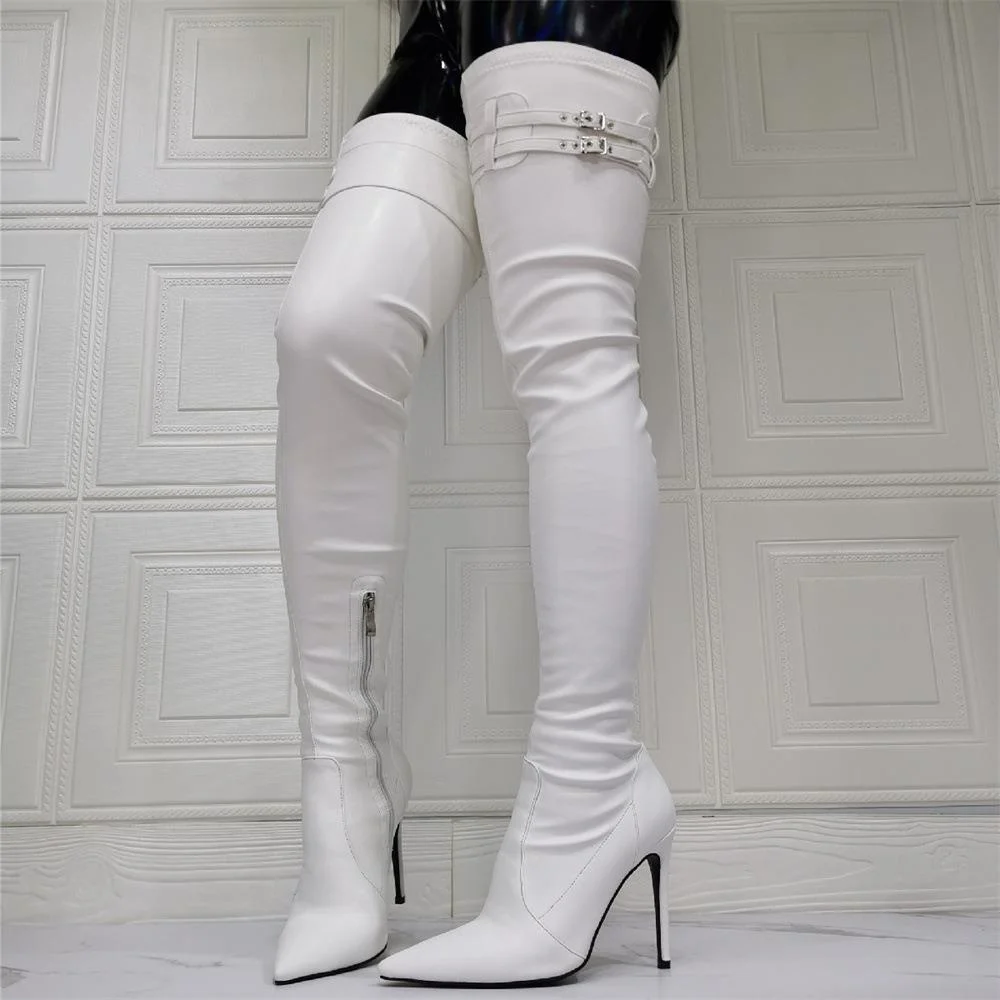 2024 Winter White Stiletto High Heels Sexy Stretch Over The Knee Boots Big Size 47 Pointed Toe Elastic Boots Lady Shoes