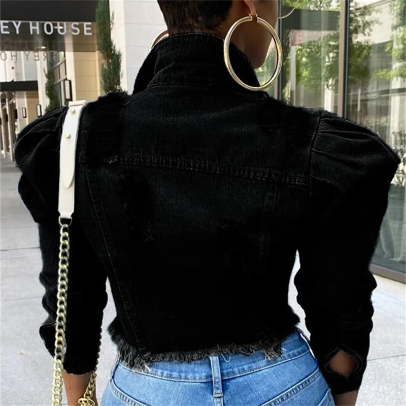 Autumn Winter Bubble Long Sleeve Denim Jackets Women's Lapel Short Coat Female Fashion Broken Holes Casual Outerwear Streetwear