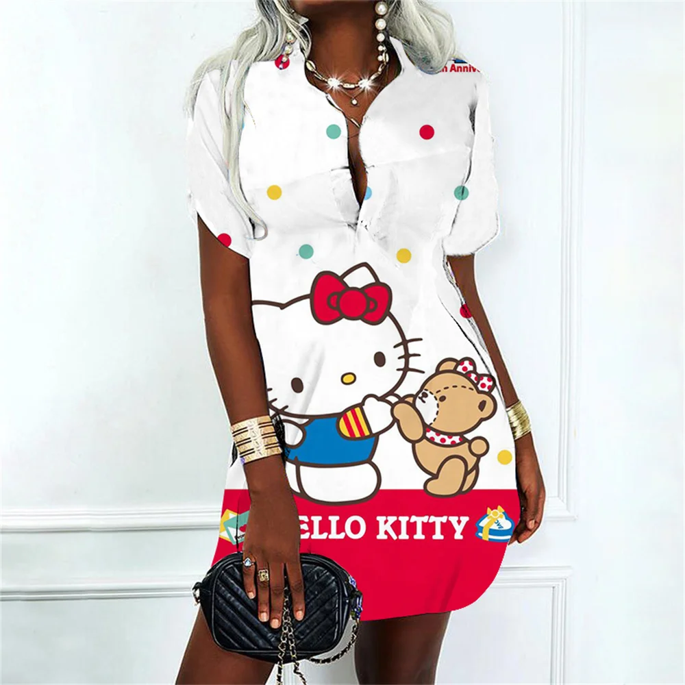 Women\'s Dress Cartoon Hello Kitty Fashion Polo Shirt Kawaii Clothes Lovely Party Dresses Sexy Costume Women Prom Gown Streetwear