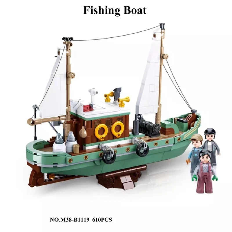 2022 New 610PCS City Creativity Fisherman Town Fishing Boat Ship Model Building Blocks DIY Bricks Kids Boys Toys Christmas Gift