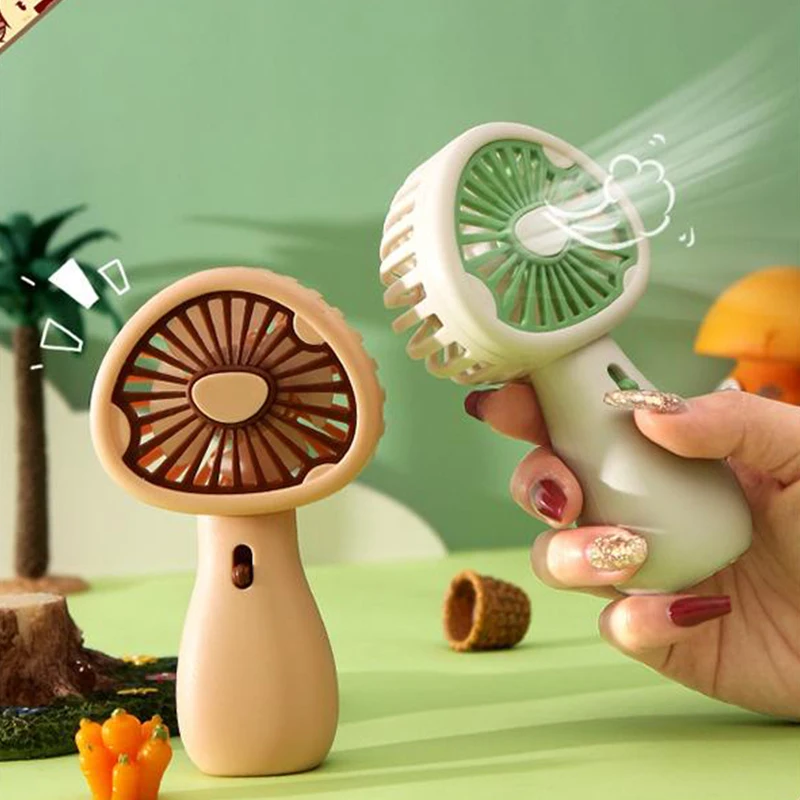 USB Rechargeable Cute Summer Mushroom Handheld Small Fan High Wind Power Mini Portable Colorful Lamp 2-speed Wind Adjustment