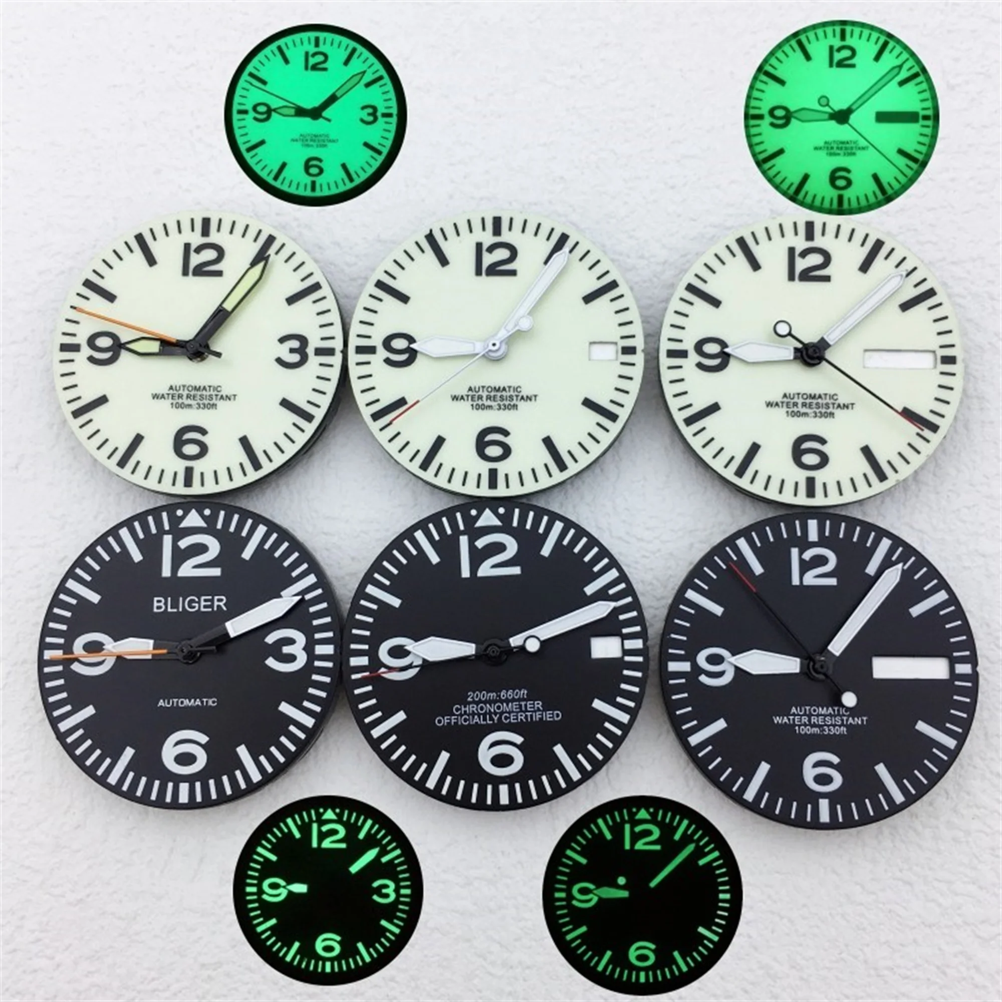 29mm dial Black White Dial With Hands Full Luminous Dial Fit NH34 NH35 NH36 Movement Green Luminous Watch parts