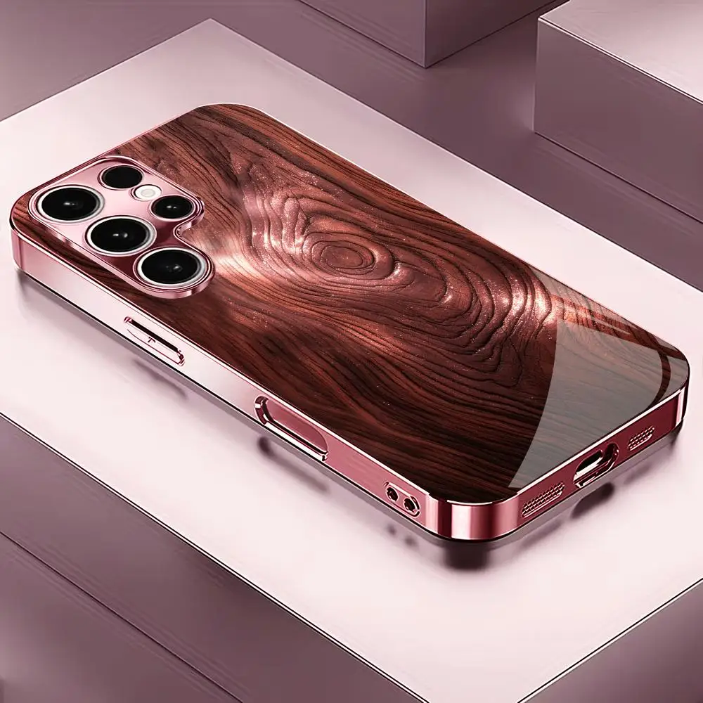Pink glass Wood grain Tempered Glass Fashion phone case for Samsung Galaxy S26/S25/S24/S23/S22/S21 FE Ultra Plus Dropresistant