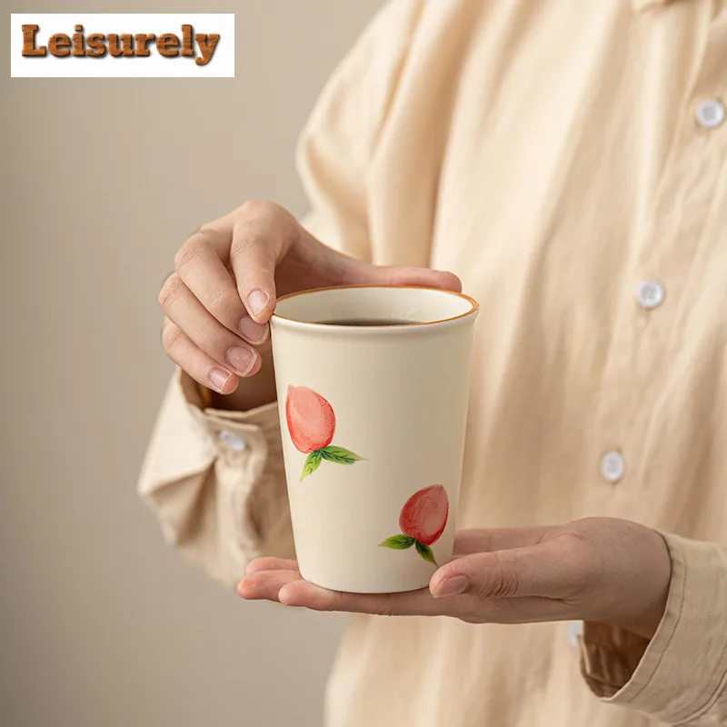 270ml Hand Drawn Peach Ceramic Teacup Exquisite Cream Yellow Cola Cup Personal Large Capacity Water Jug Coffee Mug Drinkware