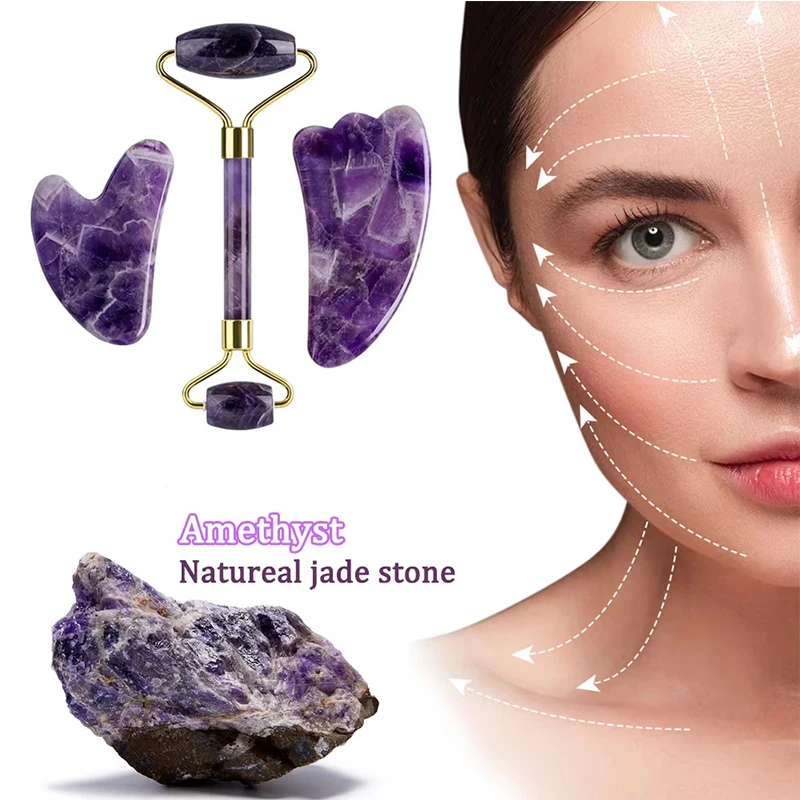 

Natural Amethyst Face Massage Jade Roller Gua Sha For Lifting Anti-Wrinkle Acupuncture Beauty Skin Care Gouache Scraper Set