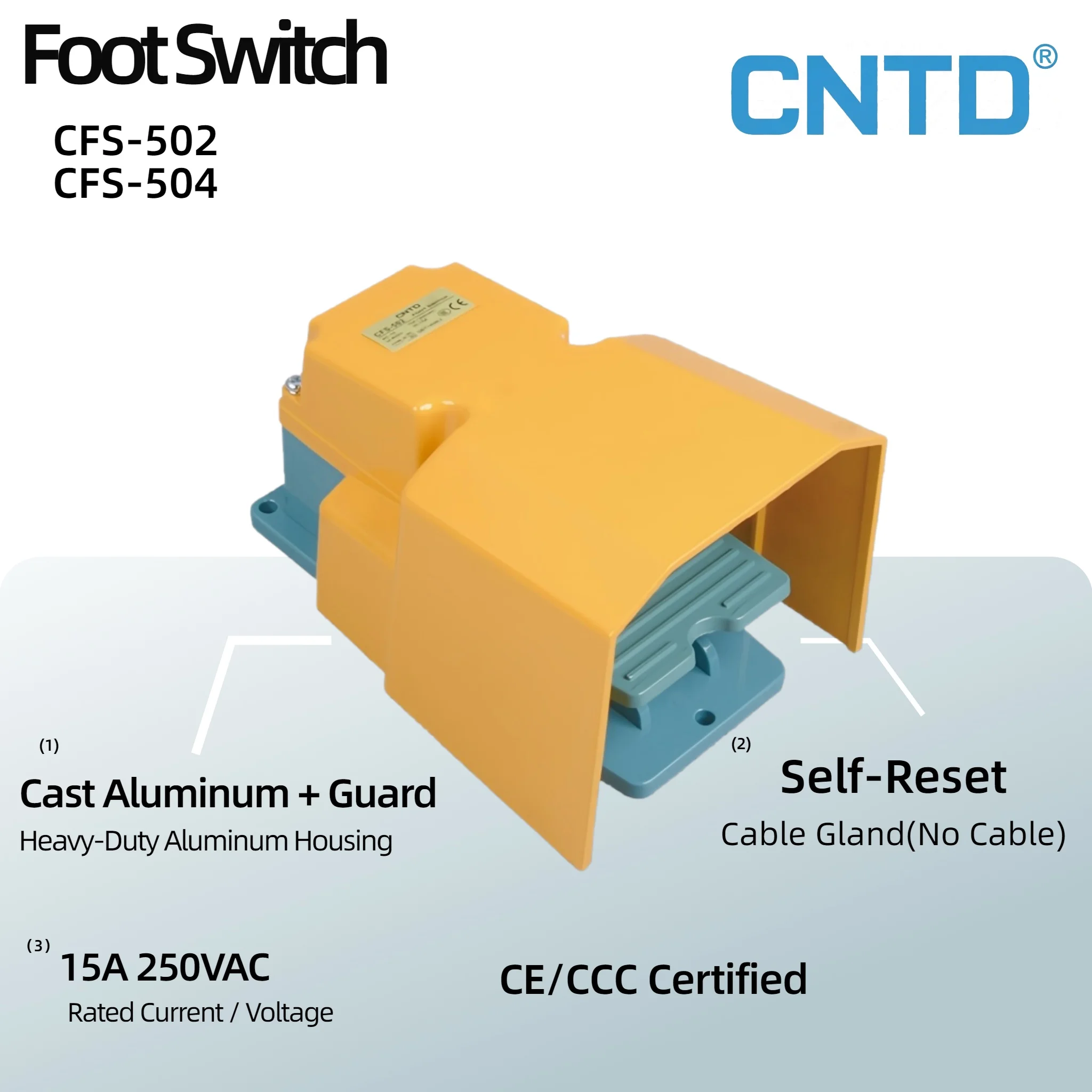 CNTD CFS-502 CFS-504 Orange Guard Foot Switch 15A 250V AC 1NO1NC 2NO2NC Self-Reset  Momentary Cable Gland Industrial CE CCC