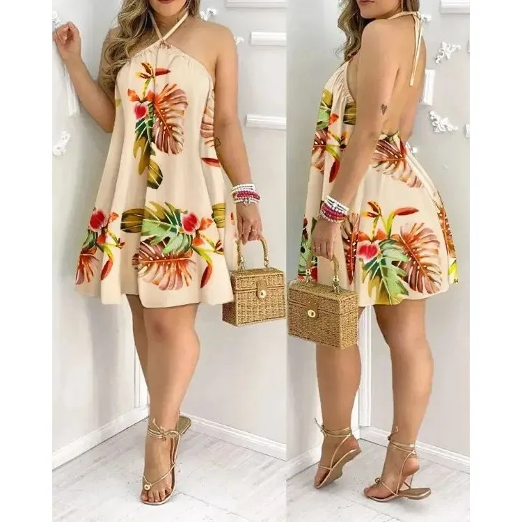 

Tropical Print Halter Neck Backless Dress Vacation Style Women's Mid-Length Skirt H-Shape Silhouette Embroidery Detail PVC Fa...