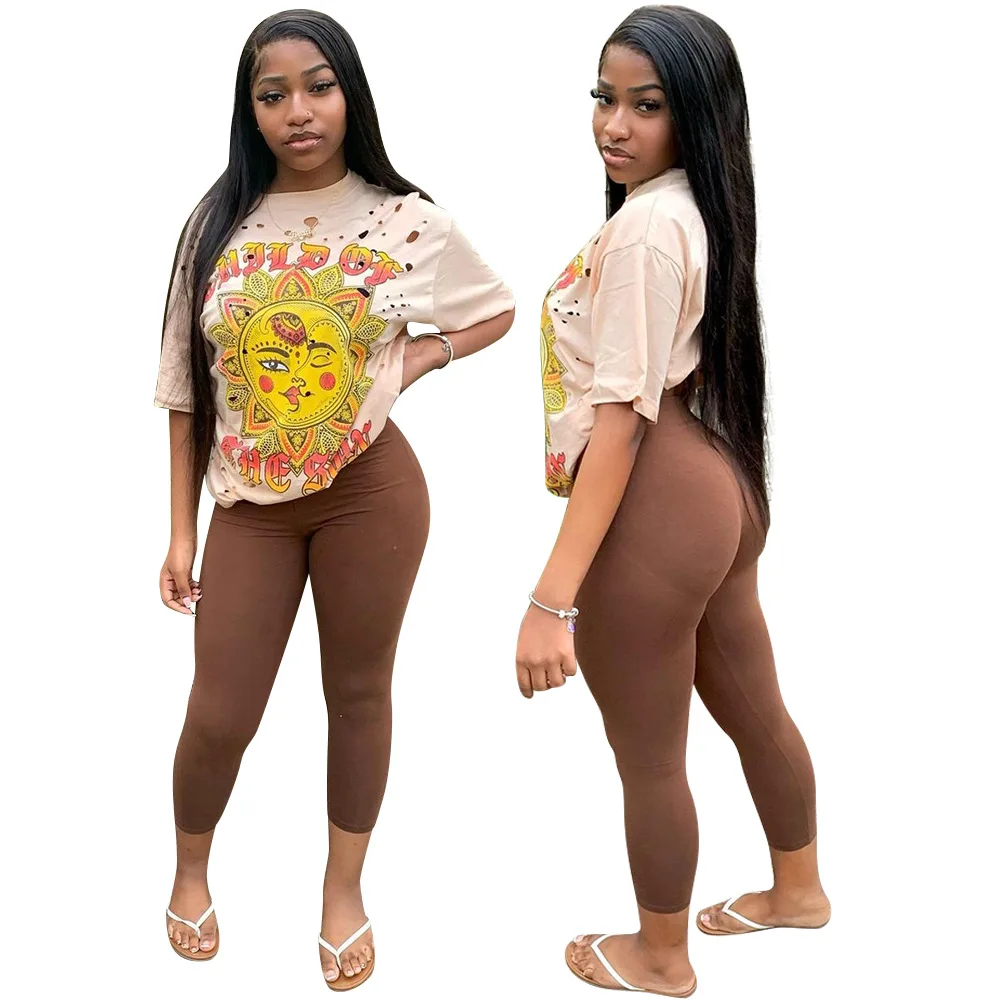 Damen ort Sve T-Shirt, lässig, SLE Thiened Baumwolle, bedruckt, gebrochenes Loch-Design, lockere Passform, Herbstkleidung, Damen-Top