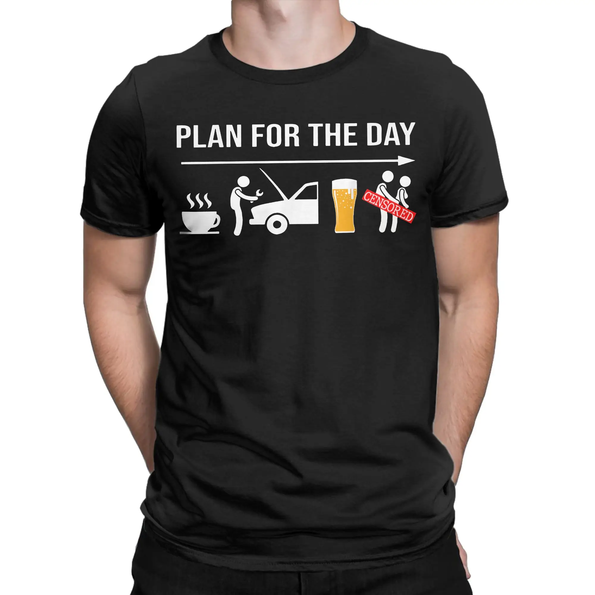Men Women T-Shirts Plan For The Day Funny Coffee Wrench Beer Mechanic Cotton Tee Shirt T Shirts Crew Neck Clothing Summer