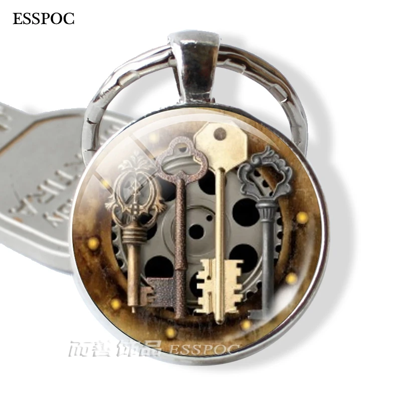 Retro Mechanical Steampunk Old Keychain Glass Dome Punk Key Chain Ring Women Christmas Gifts Fashion Jewelry Birthday Gift