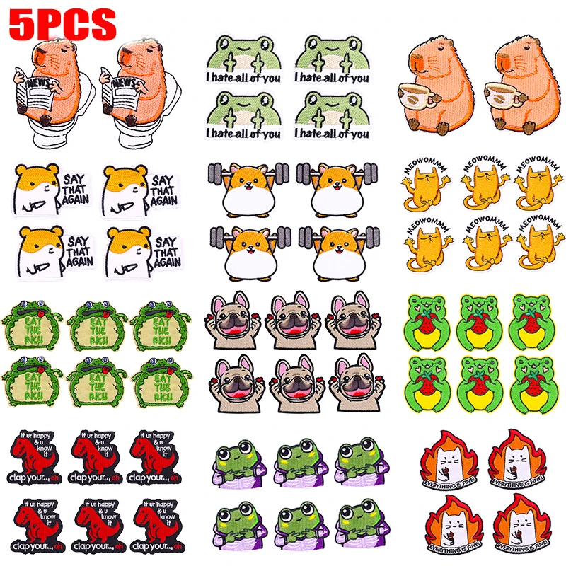 5PCS Corgi Cat Frog Dinosaur Embroidered Patch Iron On Patches For Clothing Thermoadhesive Patches DIY Cartoon Animal Patches