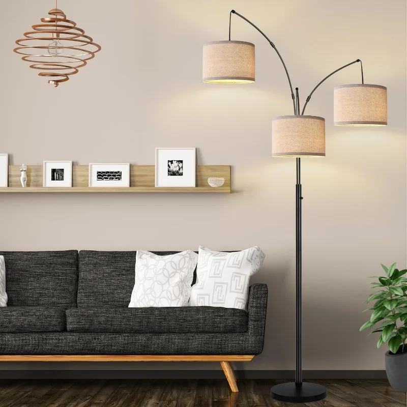 Floor Lamp - 3 Lights Arc Floor Lamps for Living Room, 1000LM Modern Tall Standing Lamp with Beige Shades & Heavy Base