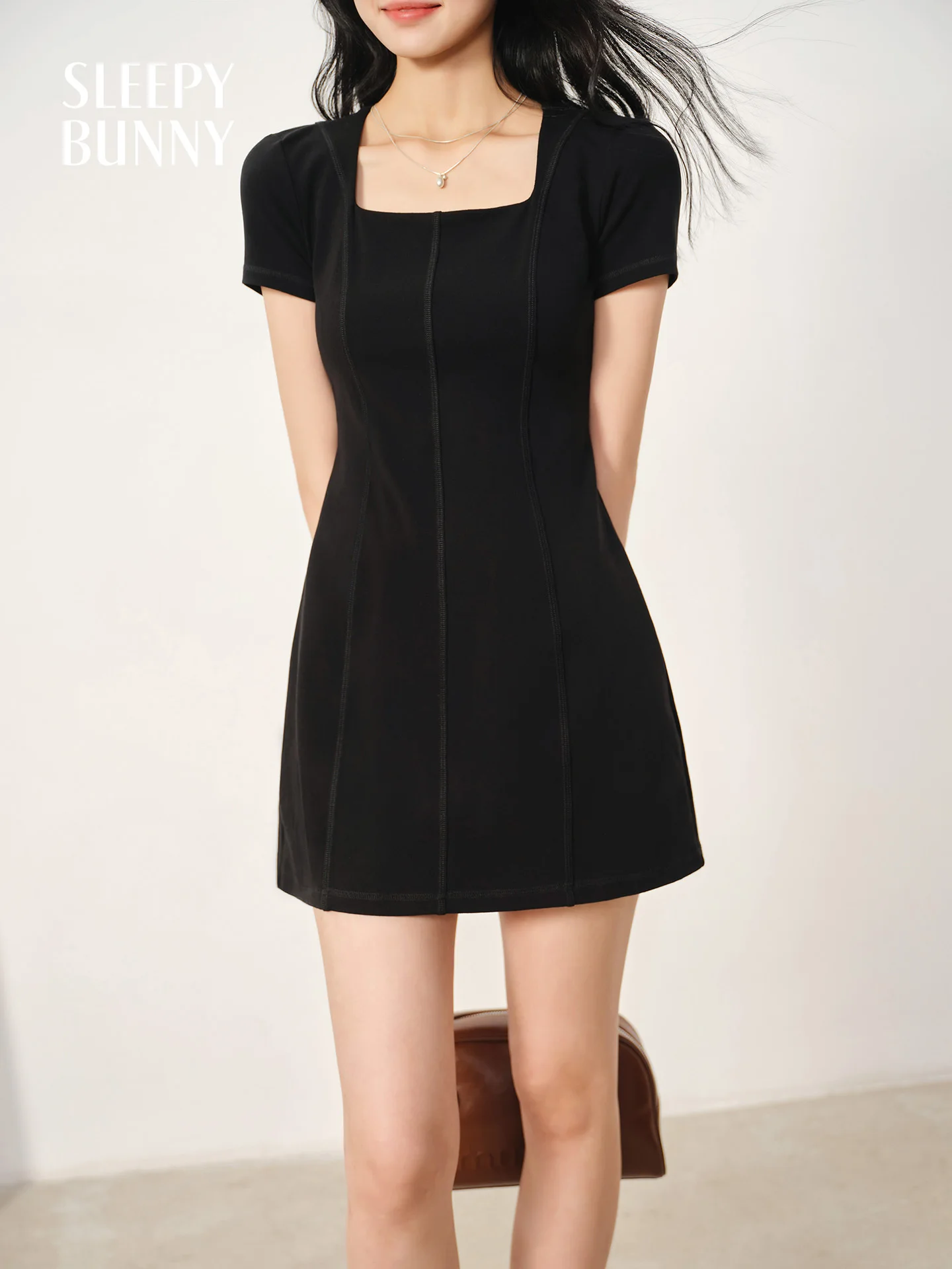 

Black Square Neck A-Line Mini Dress Women Short Sleeve Panel Cut Fit and Flare Dress Slim Casual Summer Outfit Daily Party Wear