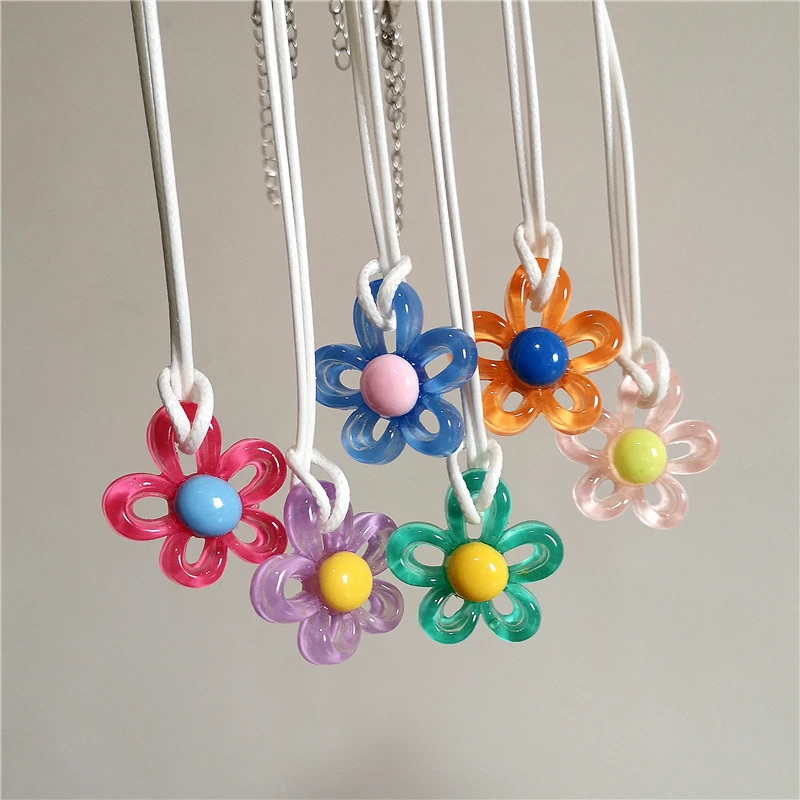 Korean Fashion Harajuku Vintage Cute Colorful Acrylic Flower Pendant Choker Necklace Neck Charm Women Y2K EMO Jewelry Accessorie