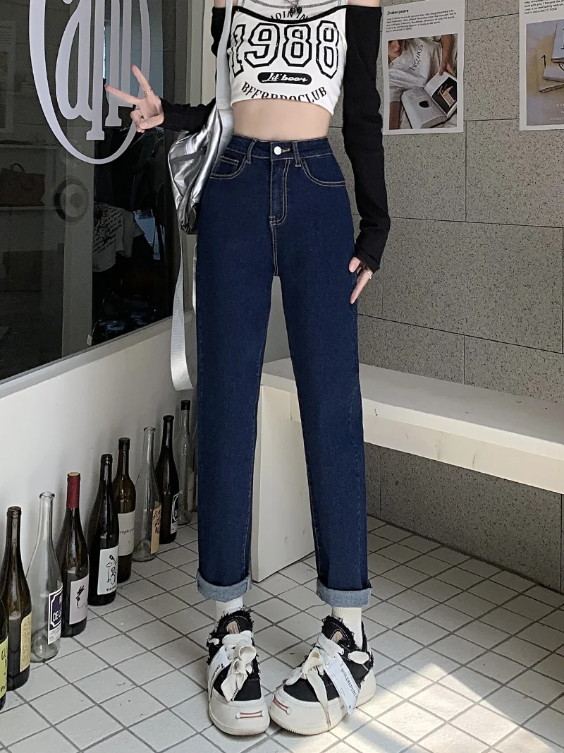 High Waist plus Size Straight Leg Jeans Women's Autumn New Sle Slimming Loose ort Nine Points Harlan Old Dad Pants