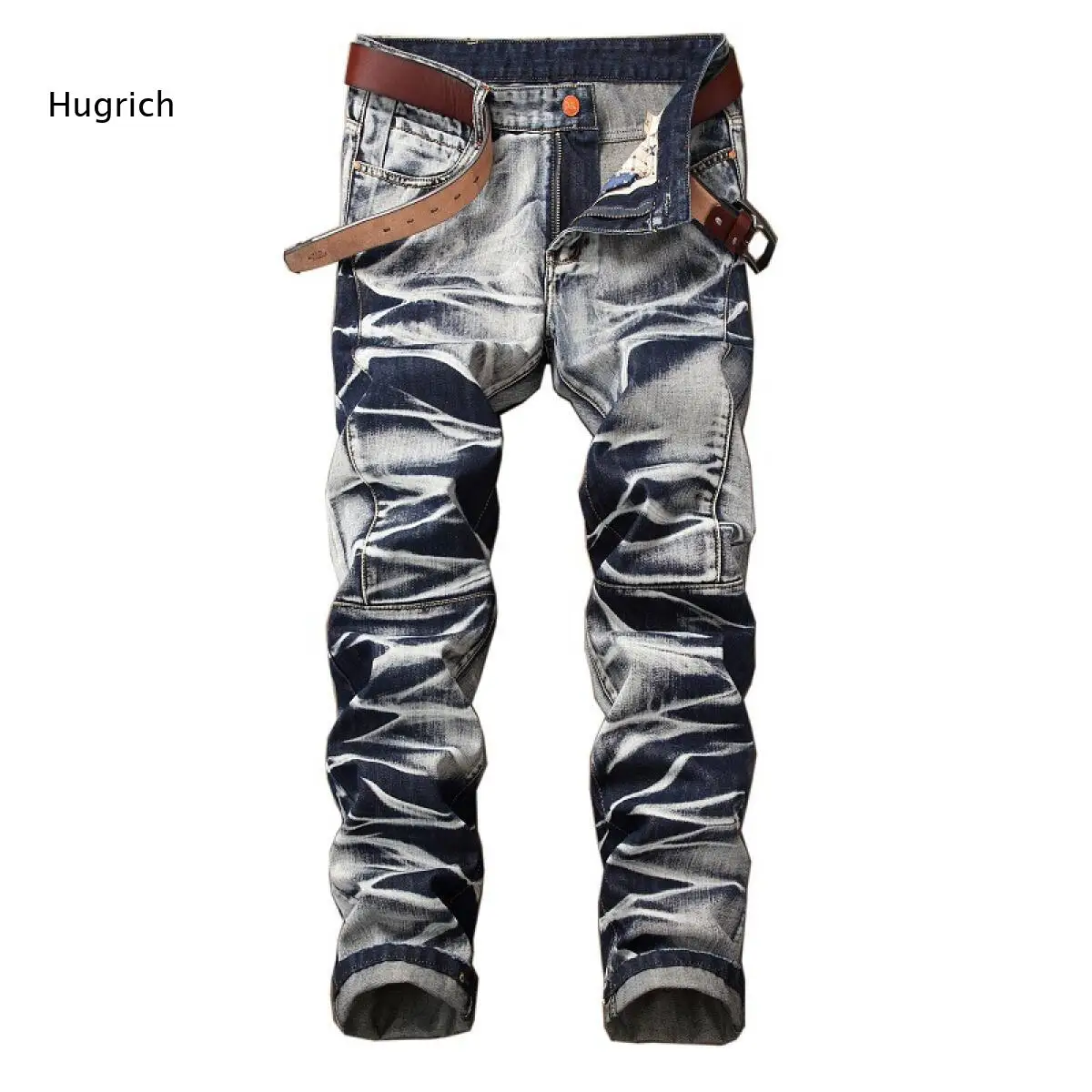 Men Marbled Washed Denim Jeans Button Zipper Closure Multi Panel Stitching Straight Trousers For Street Daily Casual Wearing