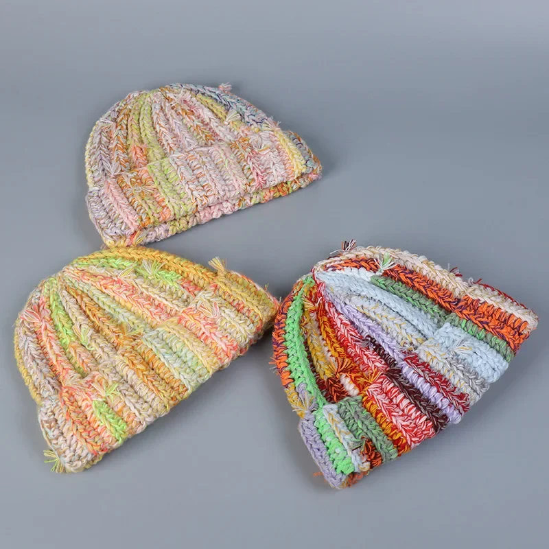 Handmade Heavy Industry Multi-strand Twist Mixed Color Wool Beanie Cap Dopamine Color Hat Women\'s Winter Thermal Pullover Hat