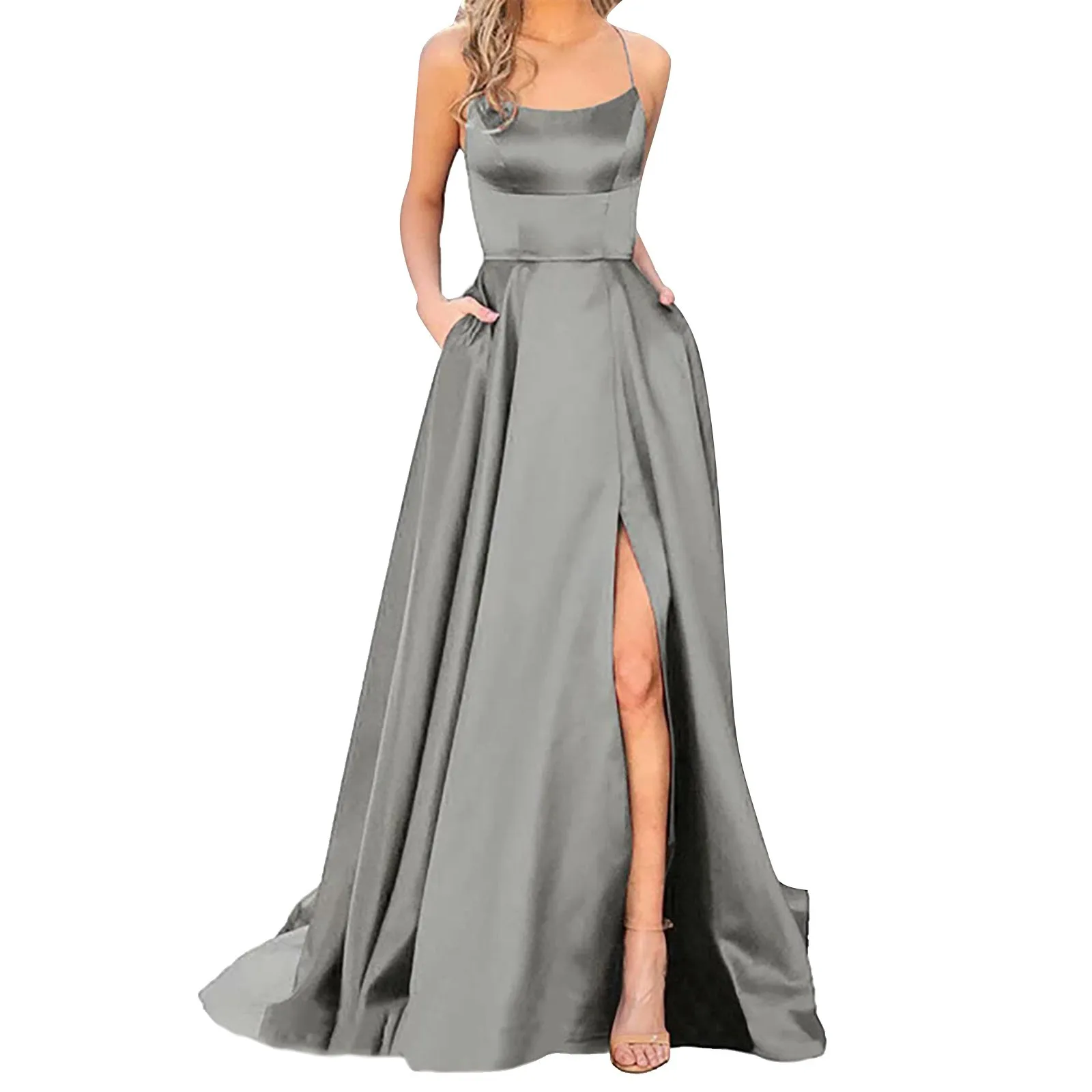 Women's Temperament Solid Colour Satin Halter Gown Dresses Fashion Sleeveless High Waist Dress Side Slit Long Party Dresses