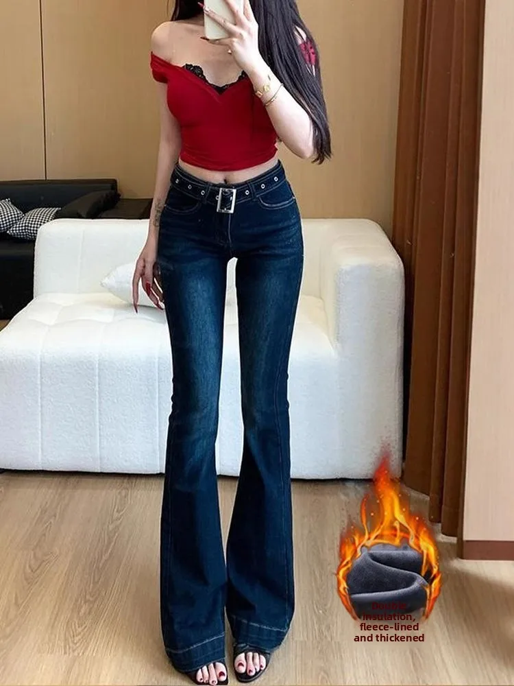 

Fce Lined Low Waist Slim Fit Belted Micro Flare Denim Jeans Women's Autumn Winter New plus Size Slimming Elastic Flared Pants