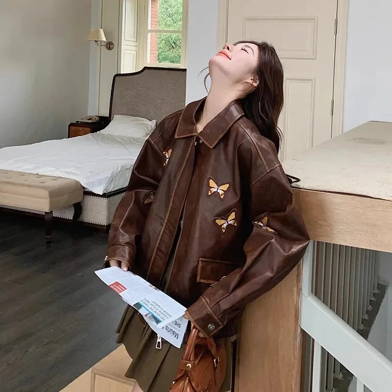 한국 여성 자수 인조 가죽 탑 코트 가을 여성 나비 PU 가죽 재킷 2025 여성 긴팔 가죽 아우터