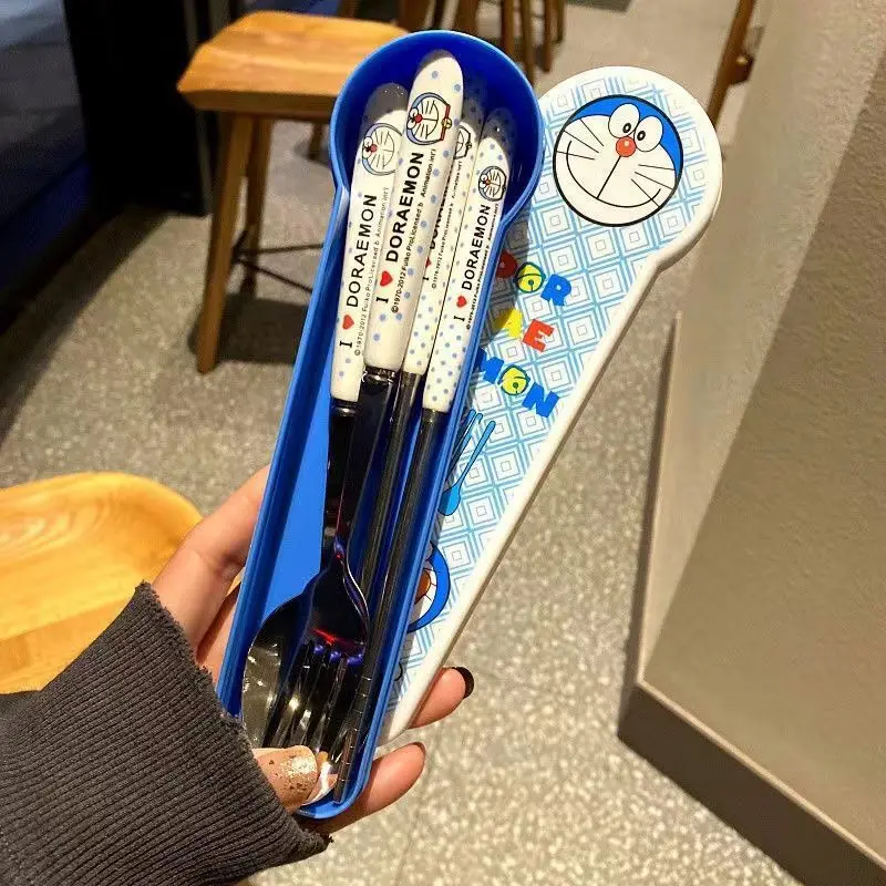Vajilla de acero inoxidable con dibujos de Doraemon, juego de cuchara y tenedor con caja de almacenamiento, vajilla portátil, Kit de vajilla de Anime, regalo, 3 uds.