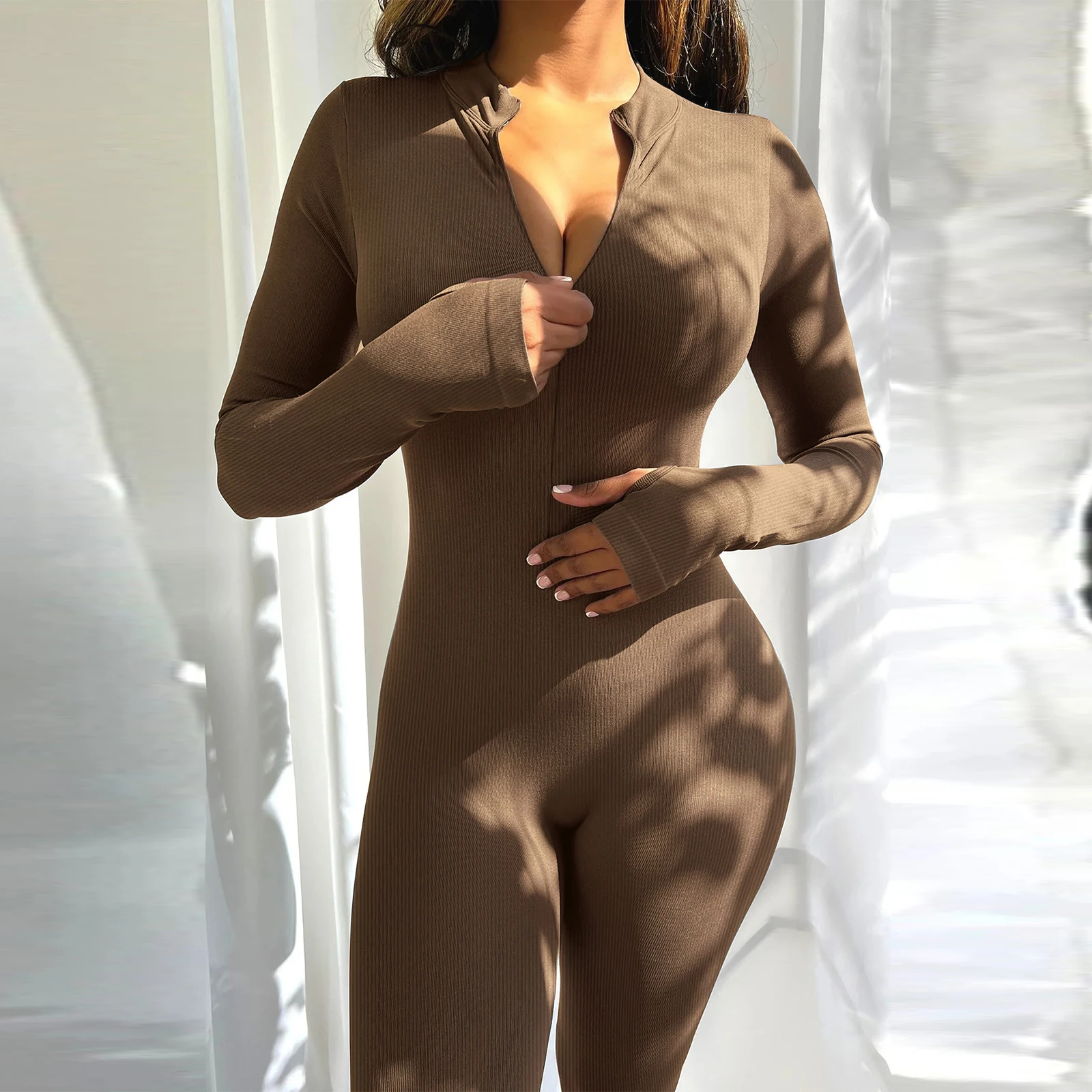 New Zip Sports Jumpsuit Long Sleeve Stand Collar Slim Fit Romper Solid Color Ribbed Jumpsuit Women's Long Overalls