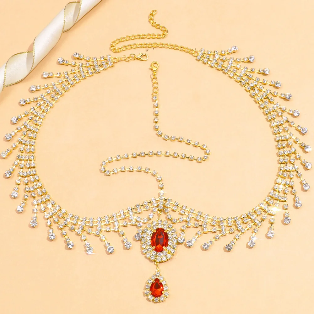 Stonefans Boho Red Crystal Headband Hair Chain Women Water Drop Forehead Pendant Rhinestone Head Chain Bridal Headpiece Jewelry