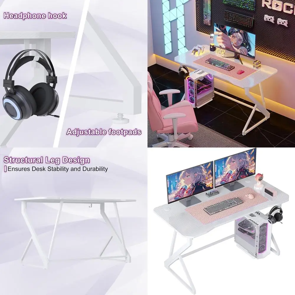 40 Z-Shaped Carbon Fiber Gaming Desk with Headphone Hook, White PC Workstation for Gamers