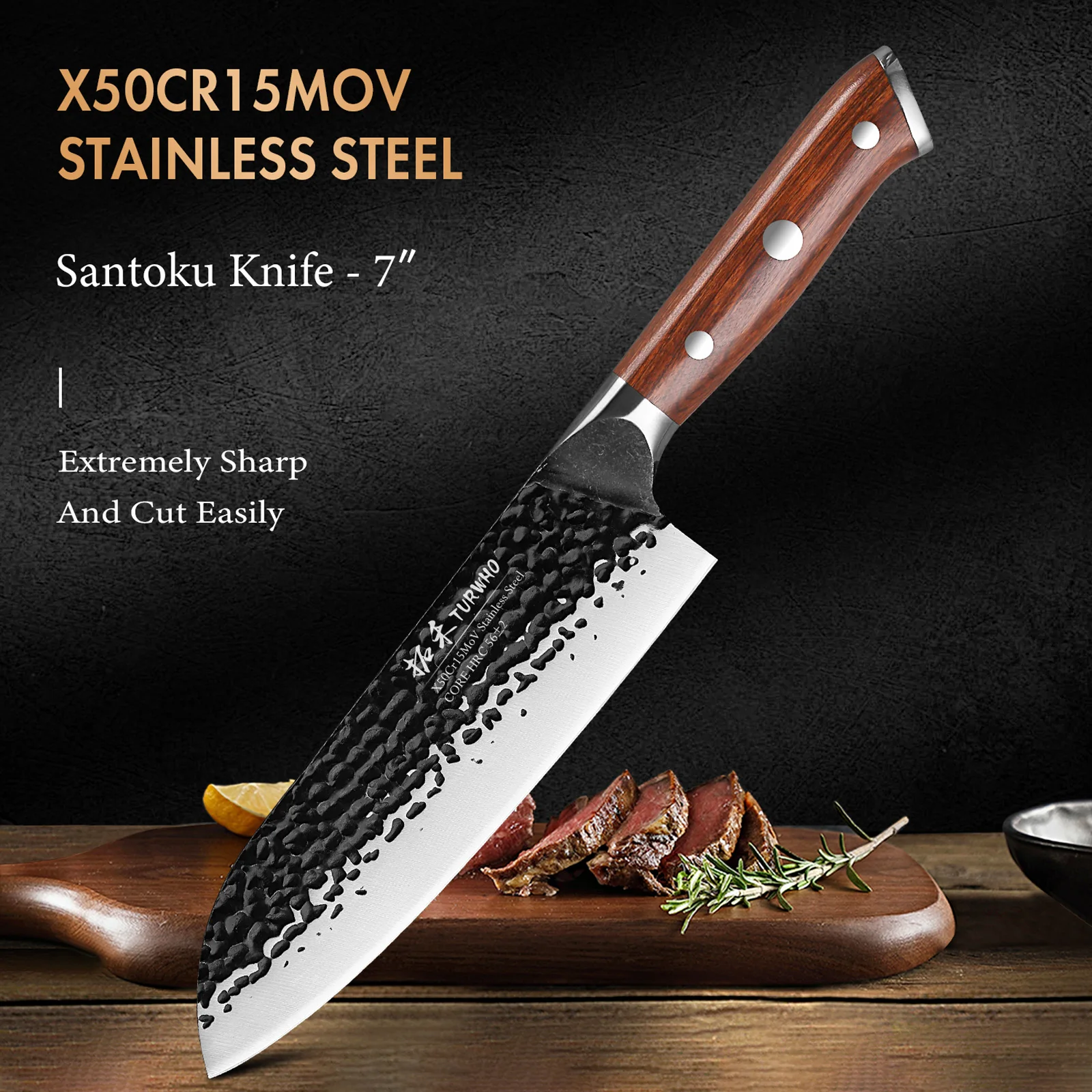 TURWHO 7 "japoński ręcznie kuty nóż Santoku X50Cr15MoV kuchenne noże szefa kuchni ze stali nierdzewnej do cięcia warzyw mięso narzędzia kuchenne