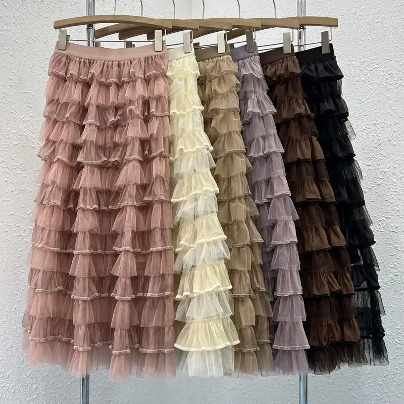 

New Summer Long Skirt Women Elegant Layered Ruffles Cake Skirts Female Fashion Mesh Maxi Skirt Ladies Solid Color Pleated Faldas