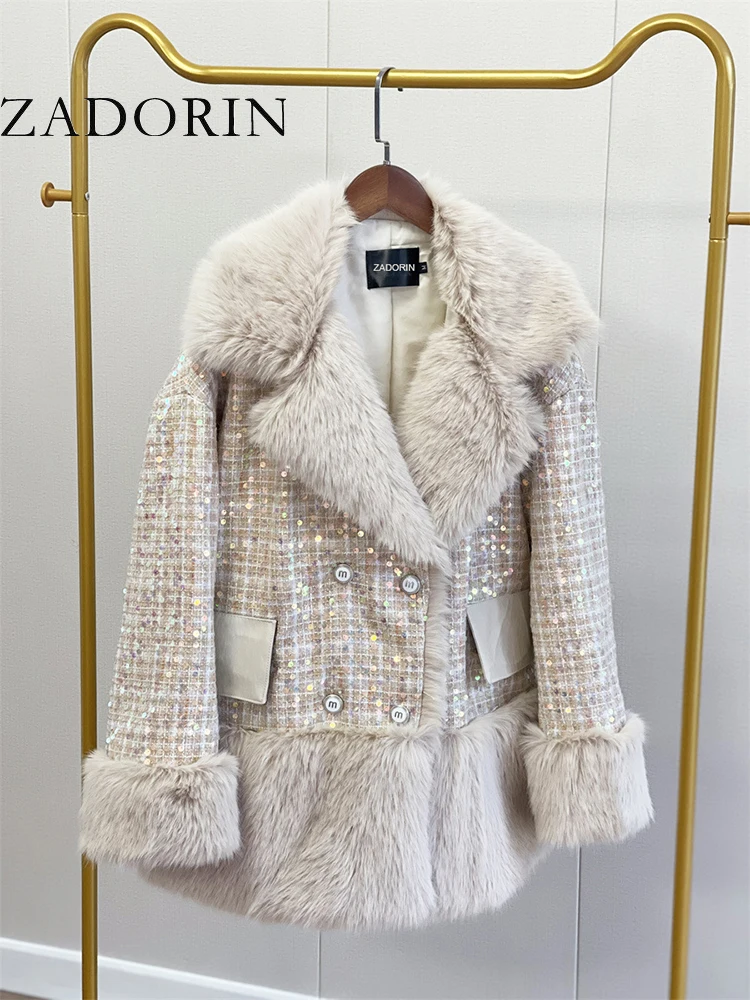 ZADORIN Korean Style Sequined Women Faux Fur Coat Splicing Tweed Warm Long Sleeve Loose Pink Blue Fluffy Jacket Fur Coats Women