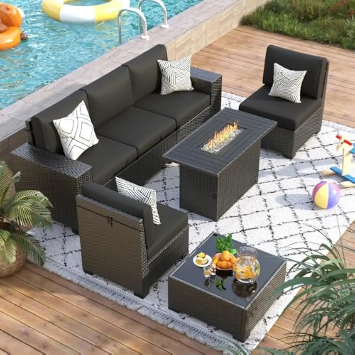 Outdoor sectional sofa set with 44-inch fire pit table, modern black design, powder-coated steel frame, weather-resistant PVC ra