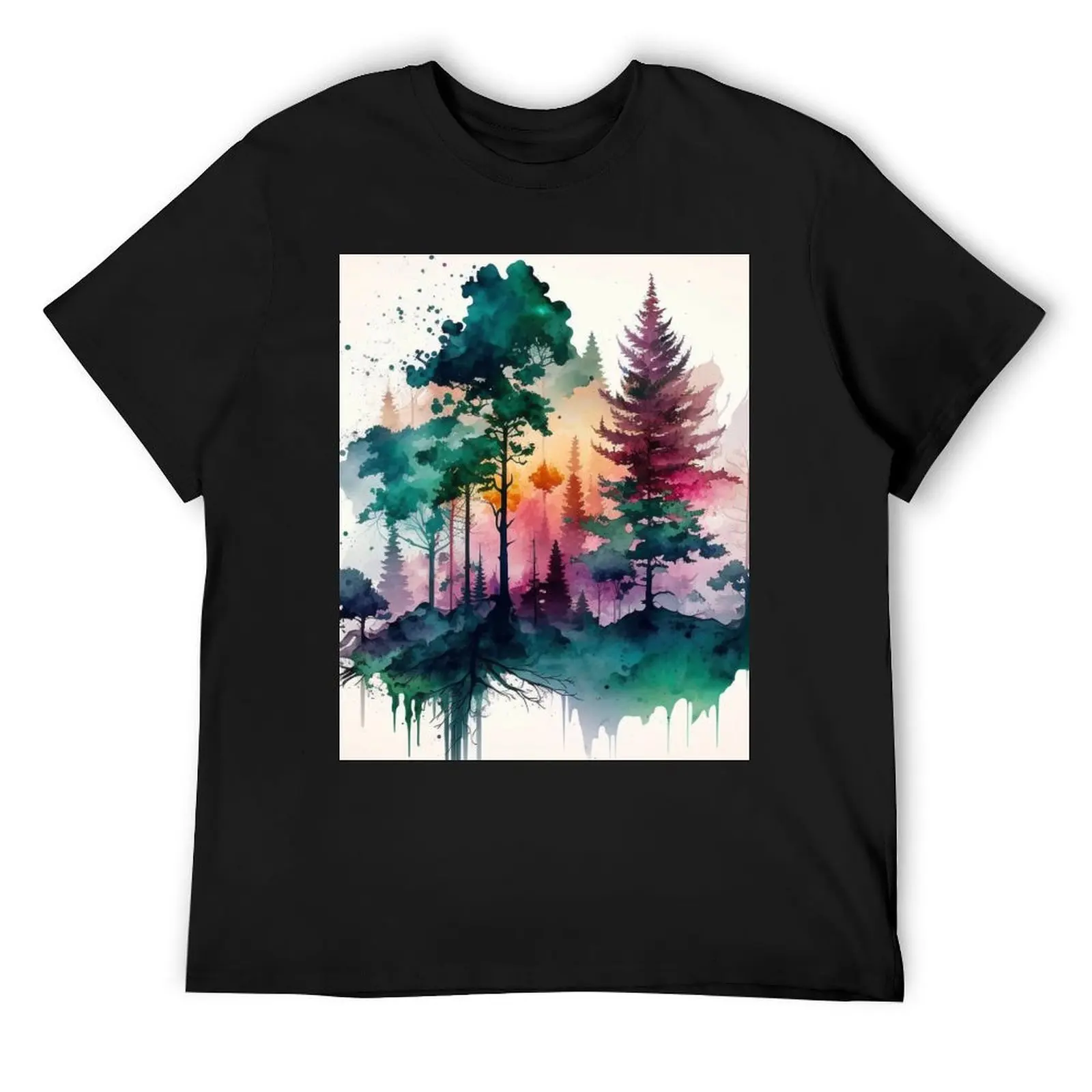 colorful forest watercolor painting T-Shirt anime anime figures plain designer t shirt men