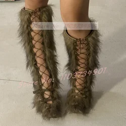 Denim Binded Lace Up Furry Boots Hot Girl Praty Round Toe Buckle High Heels Knee Length Shoes Female Fashion Nightclub Boots