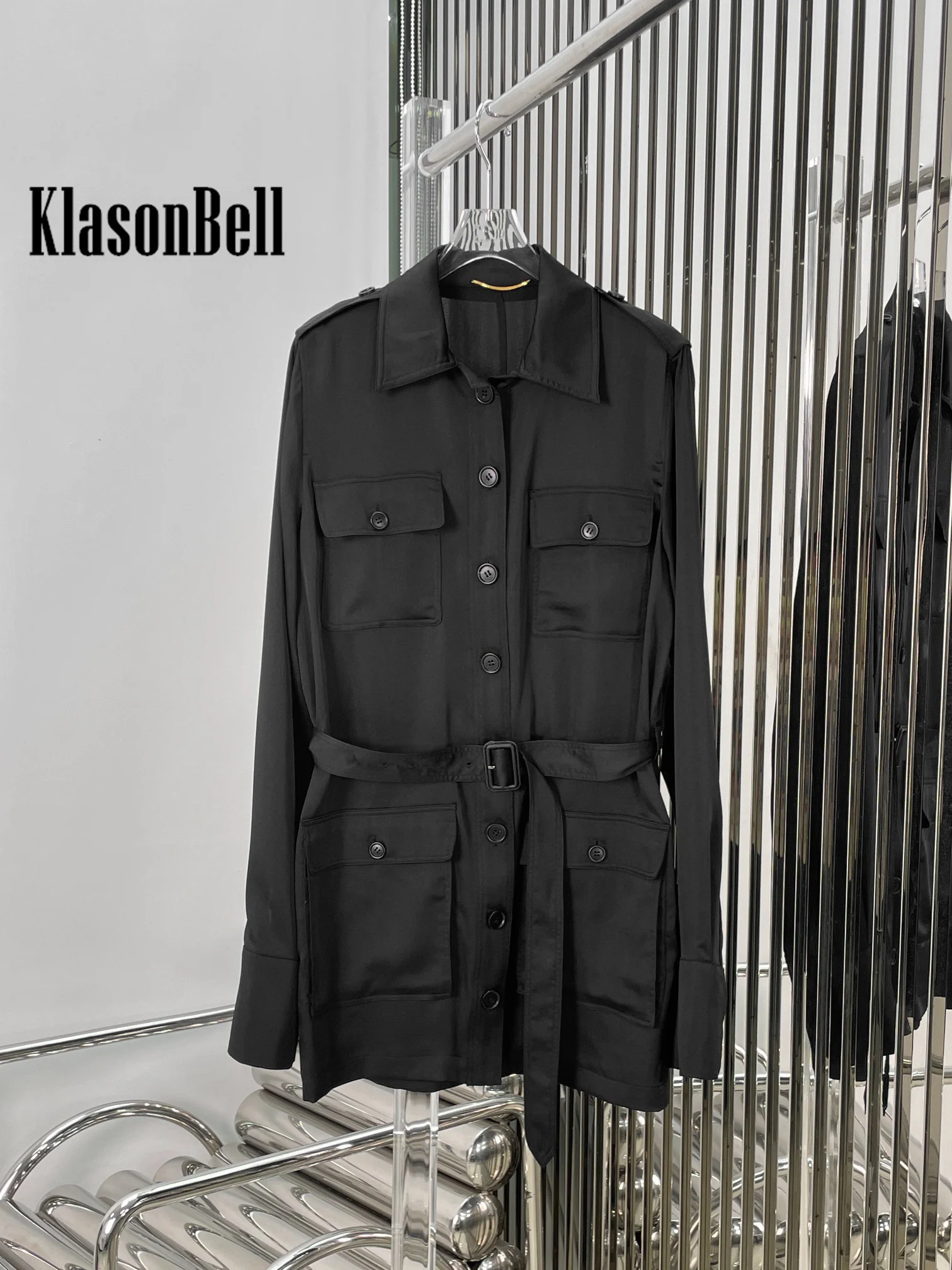 7.6 KlasonBell Women Elegant Satin Sashes Cargo Pocket Shirt Dress 2024 New Black Single Breasted Long Sleeve Mini Dress