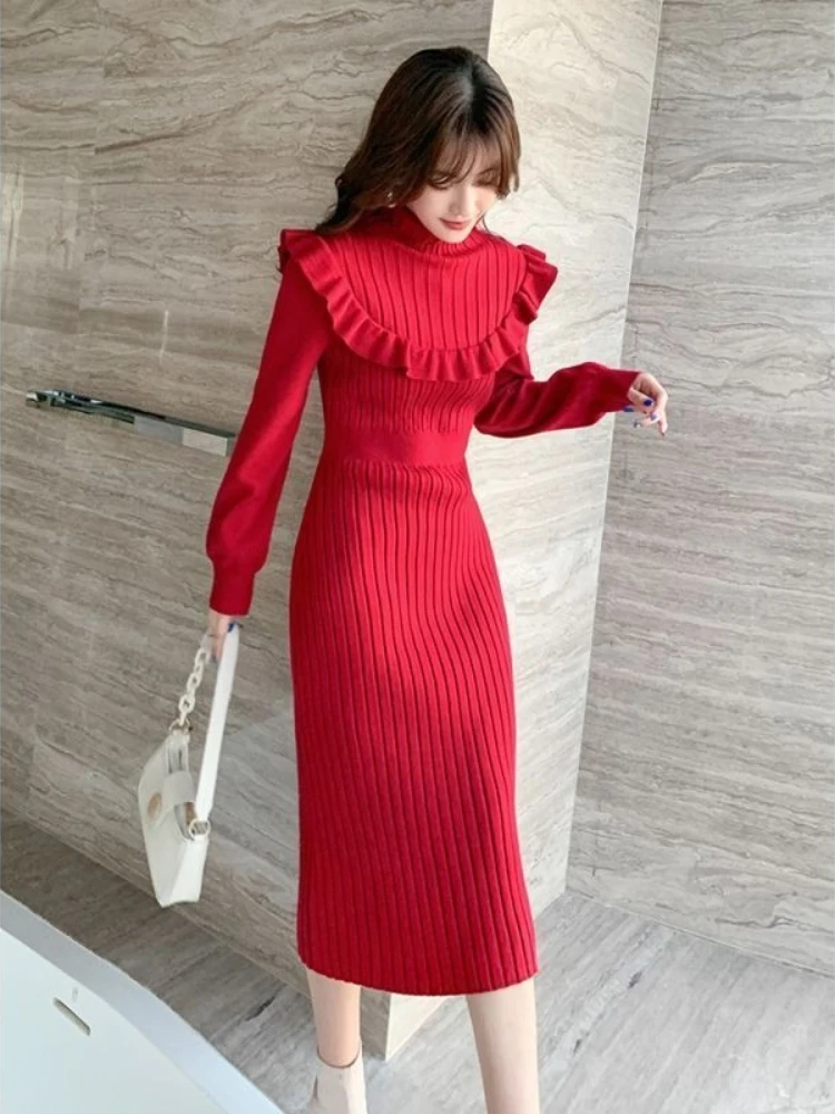 Chic Light Luxury Lady Fall Winter New Knit Dress Distinctive Design Niche Mid-Length Waist-Defining Flattering