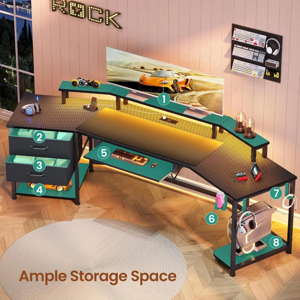 مكتب ألعاب مقاس 79 بوصة مع درجين من القماش، ومكتب كمبيوتر طويل مع شريط طاقة وأضواء LED، ومكاتب على شكل حرف U مع مساحة تخزين وحامل أكواب