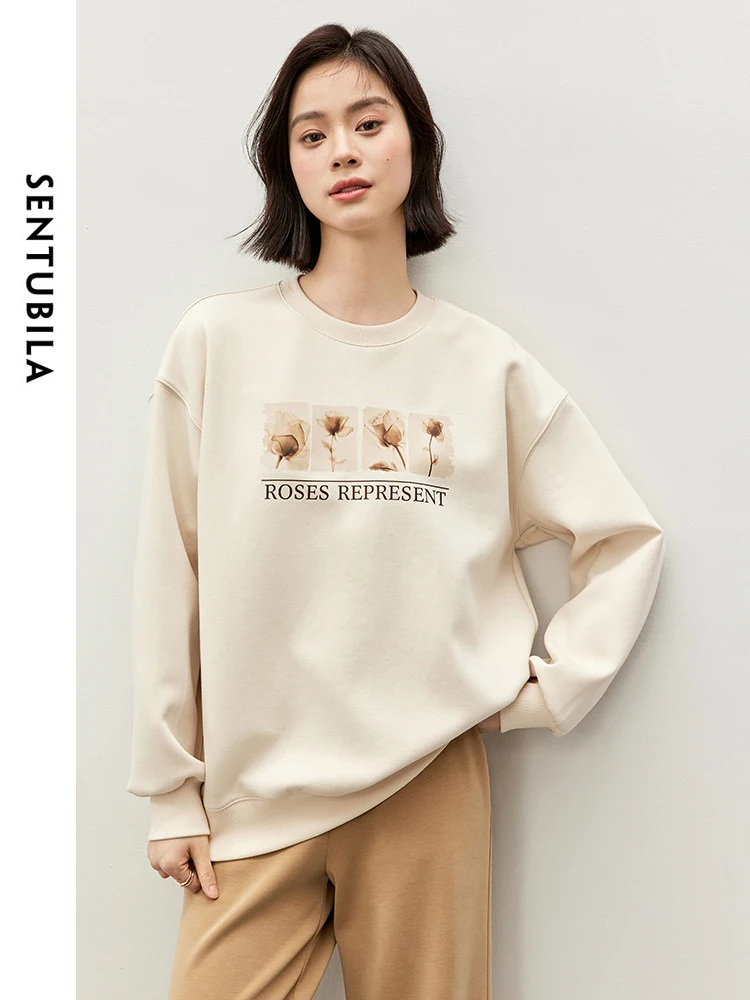 SENTUBILA Cotton Print Knit Sweatshirts for Women 2024 Autumn Casual Loose O Neck Long Sleeve Simple Comfort Women Top 143A57221